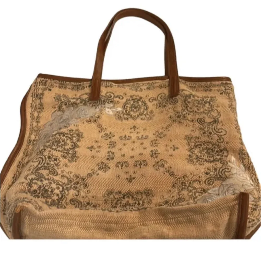 FREE PEOPLE Floral Embroidered Boho shoulder Bag|  Oversized |Beige |Vegan Trim - Picture 6 of 13